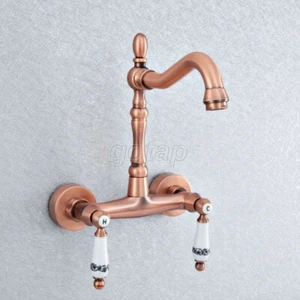 Antique Red Copper Dual Handles Kitchen Bathroom Swivel Spout Basin Faucets - Picture 1 of 7