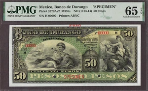 Messico Banco de Durango 50 Pesos (1913-14) SPECIMEN P-S276As2 GEM UNC PMG 65 EPQ - Foto 1 di 2