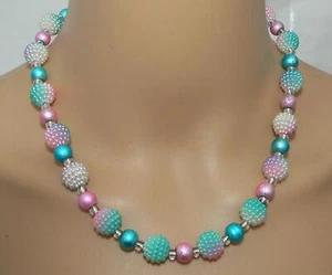 Trendy Halskette Kette Perlen  Beere Acryl Glas pastell rosa aqua türkis we 028k - Bild 1 von 12