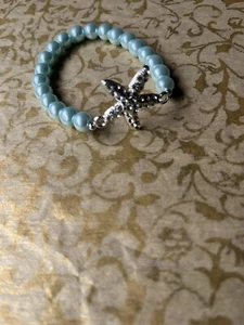 Glass Pearl Beads Aqua Blue Beaded Bracelet With Silver Tone Starfish Link - Picture 1 of 2