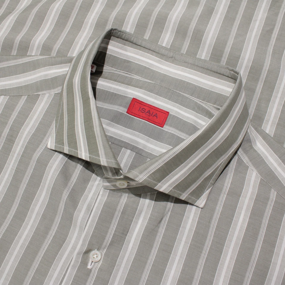 Camisa de vestir Isaia nueva con etiquetas talla 46 18,5 en rayas grises y blancas 100 % algodón Foto 1 de 4