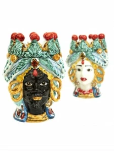 Coppia teste di moro re e regina con anelli in ceramica di Caltagirone 20 cm - Imagen 1 de 5