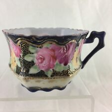 ANTIQUE JAPANESE CUP,COBALT BLUE,HAND PAINTED ROSE FLOWERS,GOLD MORIAGE,SIGNED
