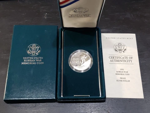 1991 Korean War Memorial Proof Commemorative 90% Silver Dollar w/ OGP Cover