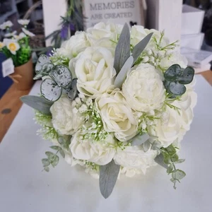 Rose and Green Leaves Round Bridal Bouquet with Lambs ears and frosted eucalyptu - Picture 1 of 7