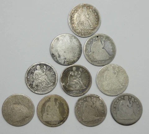 LOT x 10 Different Date or MM Seated Silver Dimes CULL or Better ~ 1838 - 1891-O Cover