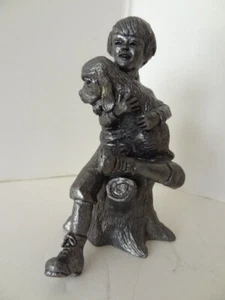 OLD ENGLISH PEWTER FIGURE /PAPER WEIGHT OF BOY HOLDING DOG. - Picture 1 of 4