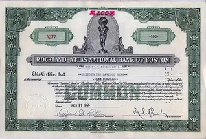 Certificado de acciones del Banco Nacional de Boston Rockland Atlas - Imagen 1 de 1