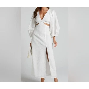 Showpo White Miggy Puff Sleeve Cut Out Split Midi Dress Size 10 - Picture 1 of 10