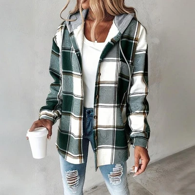 Para mujeres Sudadera con Capucha a Cuadros Manga Larga Chaqueta Botón Cordón Informal Otoño Camisas Foto 1 de 4