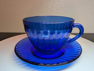 Vintage COLOREX Ribbed Cobalt Blue Tea Cup & Saucer Pressed Depression Glass - Picture 1 of 19