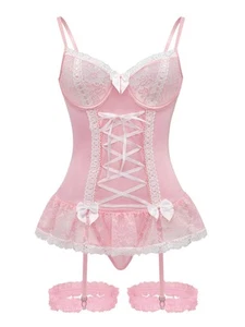 Sexy Rave Mesh Corset Ruffle Lace Up Underwire Sheer Garter Belt Babydoll Lin... - Picture 1 of 5