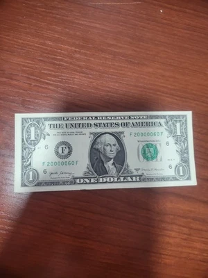 2017A $1 One Dollar Bill Note Fancy Serial Number F20000060F - Image 1 of 4