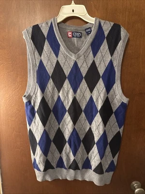 Suéter Chaps Para Hombres Medio Azul Gris Argyle Frontal 100% Algodón Tejido Cuello en V Chaleco Foto 1 de 4