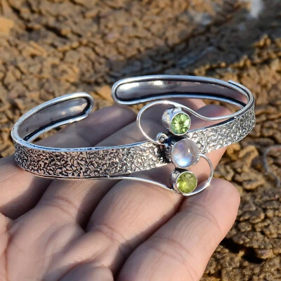 Moonstone, Peridot Bangle 925 Sterling Silver Handmade Jewelry Bracelet Cuff - Image 1 of 4