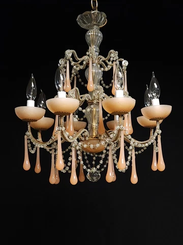 VINTAGE 1960s French 8 Arm 8 Lite Peach Pink Opaline Macaroni Beaded Chandelier Cover