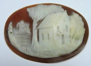 Antique Vintage Large Oval Shell Cameo Stone HOUSE Scene 1 3/8" x 7/8" #AA401 - Picture 1 of 2