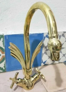 Unlacquered Brass Goosneck Faucet, Duck Brass Faucet Bathroom , Two Flat Handles - Picture 1 of 7