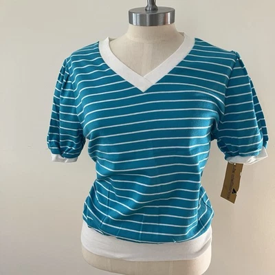 Camiseta Tenis De Colección Años 90 Para Mujer Rayas Cuello en V Preppy Talla Manga abullonada M verde azulado blanco Foto 1 de 4