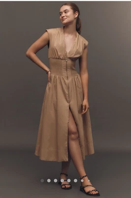 Anthropologie Maeve Tommie Zip FRONT MIDI DRESS CAP SLEEVE NEW SZ XS NEUTRAL - Image 1 of 4