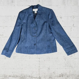 80s Vintage Dark Blue Chambray Linen Jones New York Blazer Jacket Size 14P - Picture 1 of 9