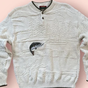Vtg Mens XL Pullover Fish Fishing Knitted Sweater Textured Trees 90s Long Sleeve - Picture 1 of 6