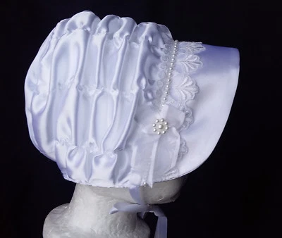 Sombrero de sol renacido/bebé niña perlas blancas satinado bautizo/bautismo 0-24 M Foto 1 de 4