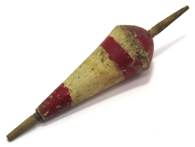 Large Solid Wood Cone Shaped Vintage Fishing Float Bobber, White/Red, 6" Long - Image 1 of 4