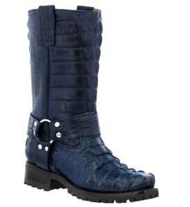 Mens Motorcycle Boots Leather Harness Alligator Print Square Toe Denim Blue Bota