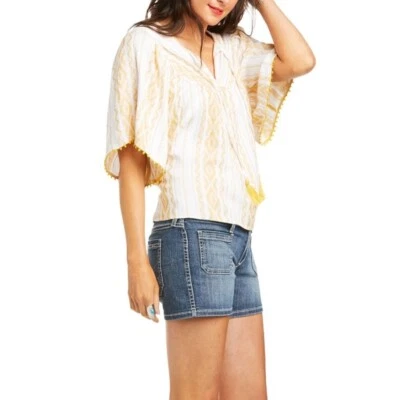 Ariat Womens L Yellow White Striped Tasseled Half-Sleeve Reed Gold Tunic Shirt - Изображение 1 из 4