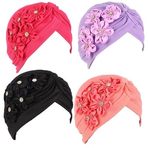 4 Pieces Womens Five Flowers Ruffle Turban Caps Muslim Elastic Pearls Headsca... - Picture 1 of 8
