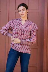 Rungolee Silk Talia Full Sleeve Blouse in Caramel Nicobar Floral Print size XL - Picture 1 of 4