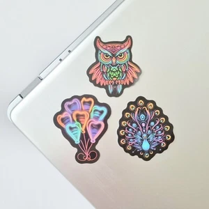 Stickers / Peacock / Balloons / Owl / for Laptop, Bottle, Notepad / Set of 3 - Picture 1 of 5