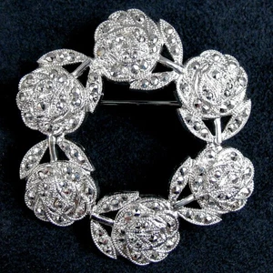 VINTAGE THEDA STERLING SILVER MARCASITE ROSE BROOCH PIN 16.2 gr - Picture 1 of 4