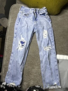 Justice Mini Mom Jeans Girls 8 Distressed Ripped Denim Frayed Hem Trendy Pants - Picture 1 of 7