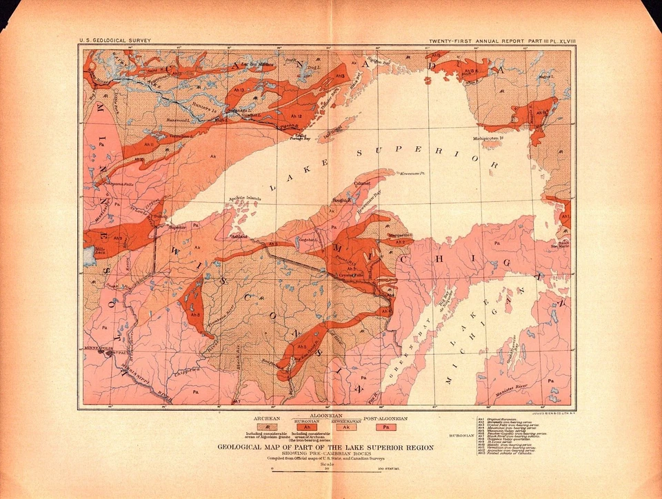 LAKE SUPERIOR REGION, WISCONSIN, MICHIGAN Antique original geology map 1901 - Image 1 of 1