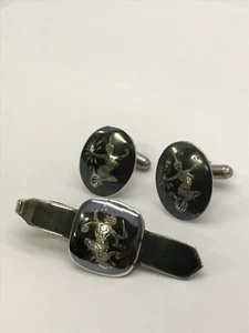 JUEGO DE GEMELOS Y CLIP DE BARRA DE CORBATA VINTAGE PLATA ESTERLINA Siam - Imagen 1 de 5