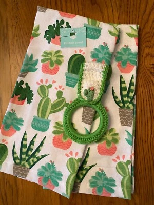 Paños de cocina temáticos "CACTUS" con soporte de anillo de toallas de ganchillo (juego de 3 piezas) Foto 1 de 3