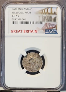 1689 ENGLAND SILVER 4 PENCE KING WILLIAM AND QUEEN MARY NGC AU 53 SCARCE COIN - Picture 1 of 3