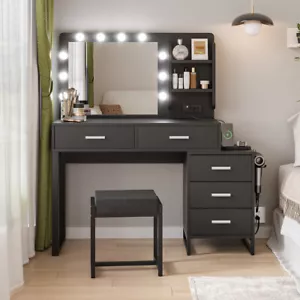 47" Makeup Vanity Desk w/ LED Lights, Charging Station, 5 Drawers & Cabinet - Picture 1 of 10