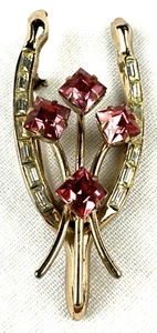 Vintage Wishbone Brosche Anstecknadel mit Blumenstrauß, goldfarben, klare & rosa Steine, kostenloser Versand - Bild 1 von 6