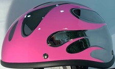 VOSS BLACK CHROME & PINK FLAME BEANIE NOVELTY MOTORCYCLE HELMET LIGHT WEIGHT