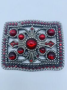 Western Belt Buckle With Silver Color Red Stones Vintage