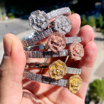 5AAA+ CZ Ice Out Hop Hip Rose Opened Flower Bangle Bracelet Real Gold Plated - Image 1 of 4