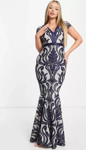 Womens Party Dress Size 8 Blue Nude New Ladies Goddiva Long Maxi Occasion - Picture 1 of 8