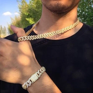 Cadena de eslabones cubanos helados de 12 mm oro blanco 14K acero inoxidable hip hop joyería - Imagen 1 de 15