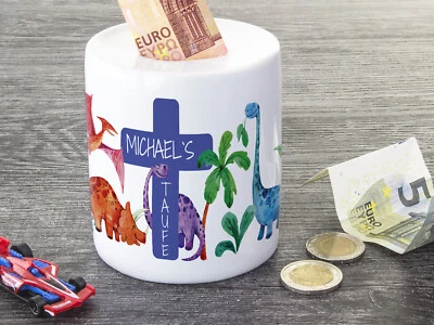 GRAZ DESIGN Geschenk zur Taufe mit Namen Spardose personalisiert Dinos Urwald Patengeschenk