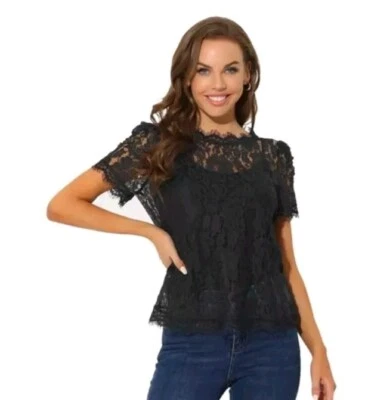 Women's Lace Floral Scalloped Trim Short Sleeve Semi-Sheer Top Size L - Image 1 of 4