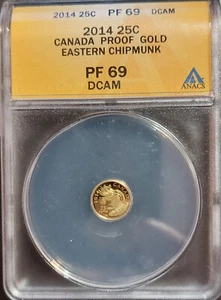 Moneda de oro a prueba de ardilla oriental Canadá 25c 2014 9999 puro ANACS PF69 solo 1 fino - Imagen 1 de 4