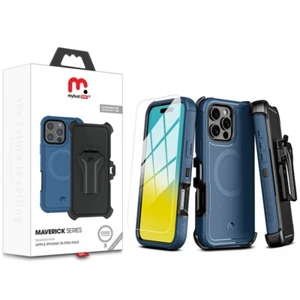 Maverick Series iPhone 16 Pro Max Case with Belt Clip Blue/Blk  w/ Temper Glass - Picture 1 of 7